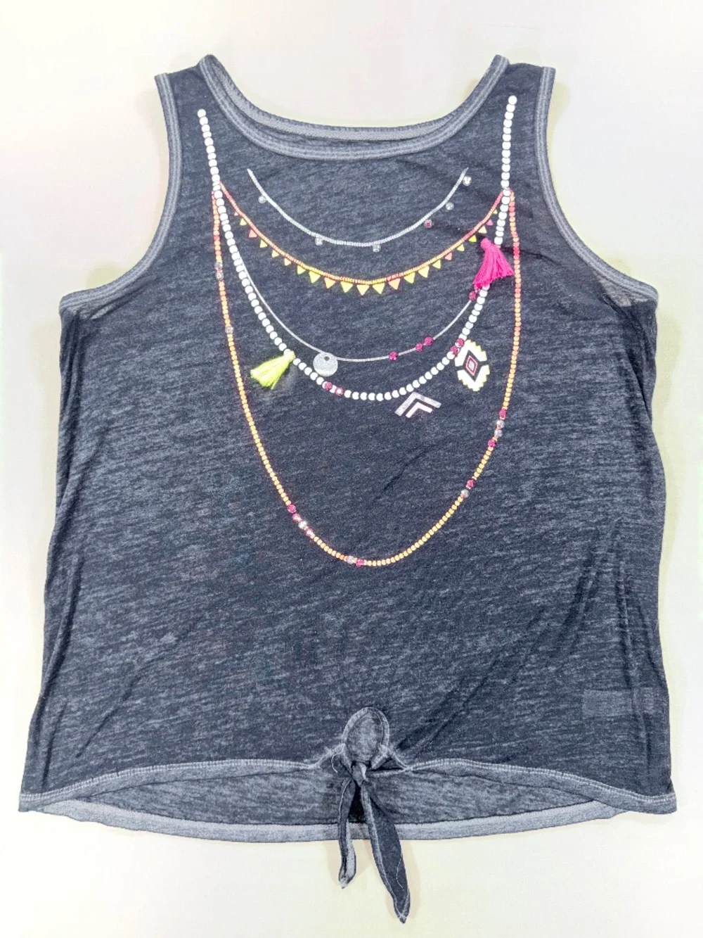 Justice Girls Gray Faux Necklace Front Knot Graphic Tank Top Size 14/16